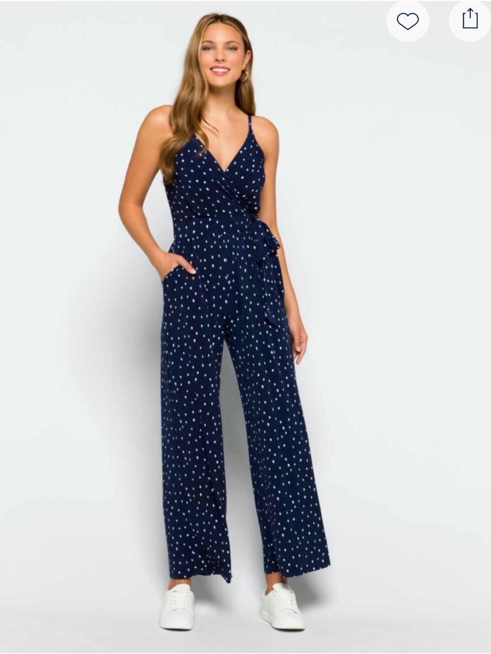 Kaileigh Navy Polka Dot Wrap-Front Jumpsuit